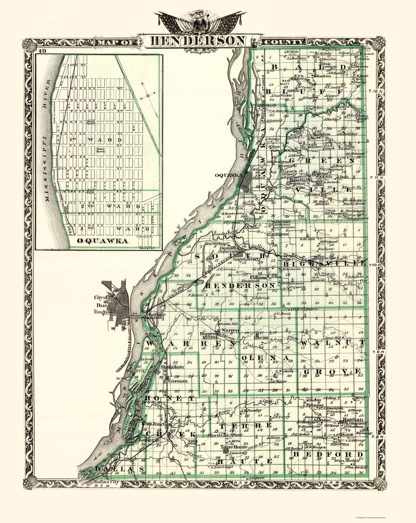 Historic County Map - Henderson County Illinois  - Warner 1876 - 23 x 28.91 - Vintage Wall Art