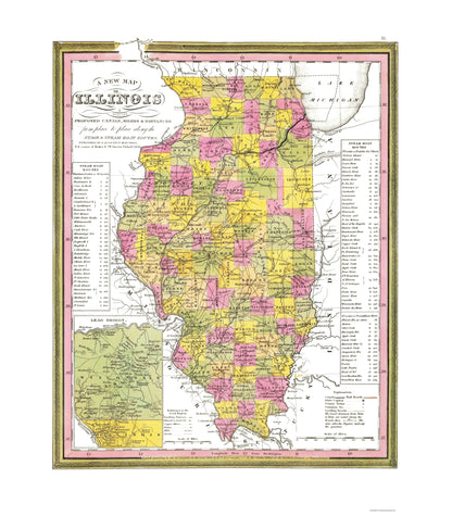 Historic State Map - Illinois - Campbell 1850 - 23 x 26.25 - Vintage Wall Art