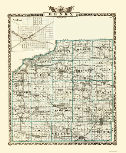 Historic County Map - Henry County Illinois  - Warner 1870 - 23 x 28.05 - Vintage Wall Art