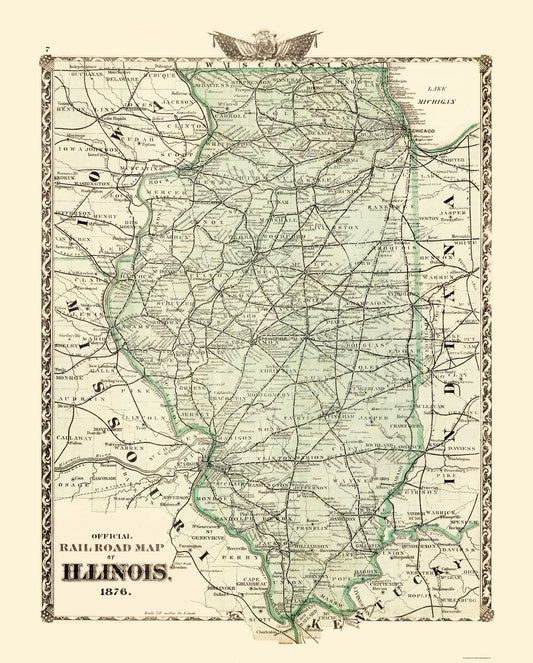 Railroad Map - Illinois Railroad - Beers 1876 - 23 x 28.63 - Vintage Wall Art