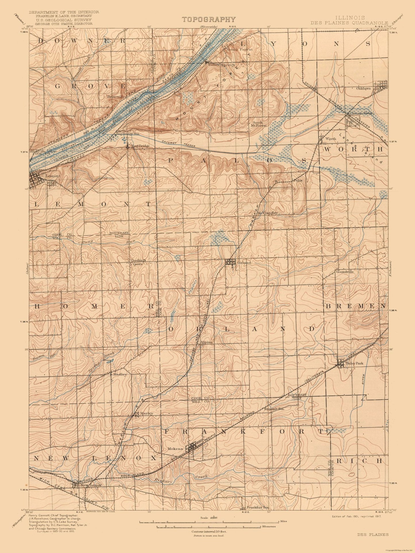 Topographical Map - Illinois des Planes Quad - USGS 1917 - 23 x 30.62 - Vintage Wall Art