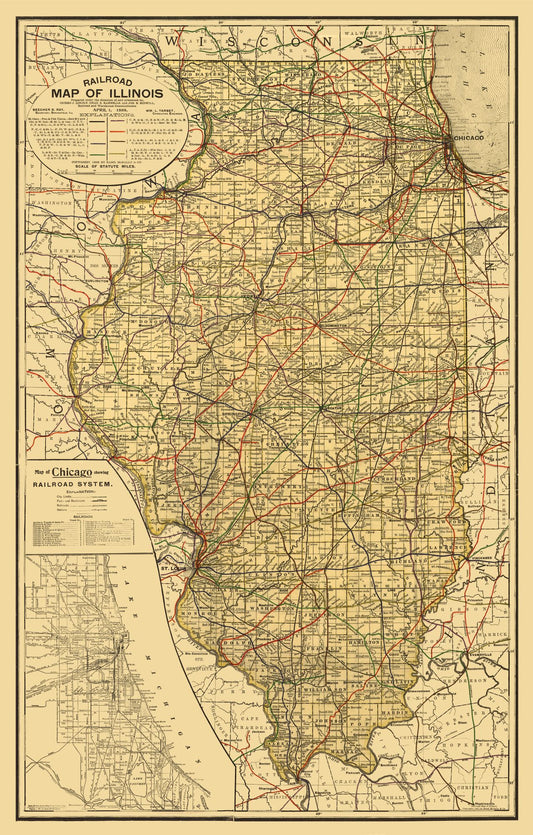 Railroad Map - Illinois Railroad - Rand McNally 1898 - 23 x 36.01 - Vintage Wall Art