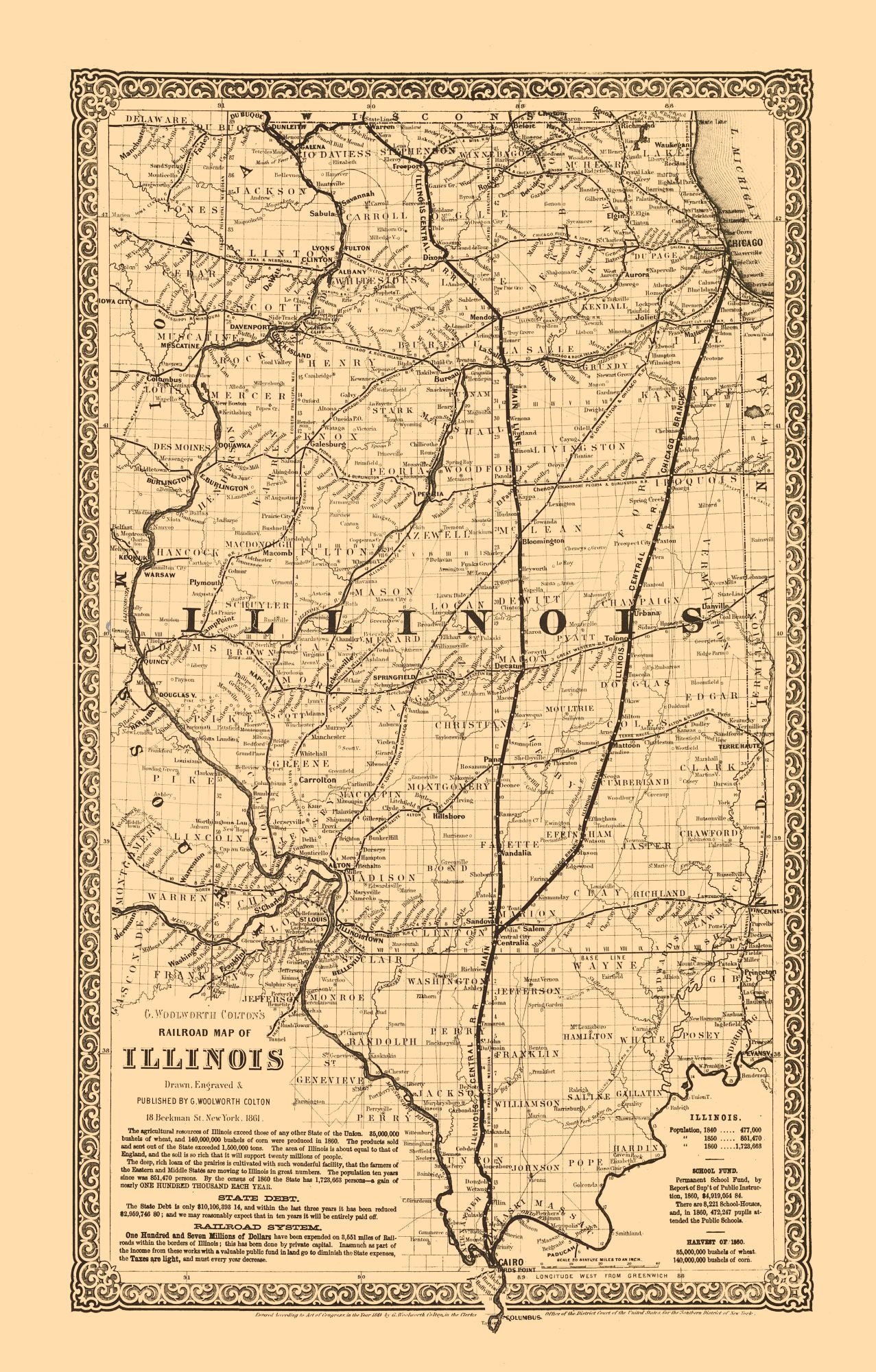 Railroad Map - Illinois Railroads - Colton 1861 - 23 x 36.02 - Vintage Wall Art