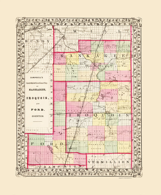 Historic County Map - Iroquois Kankakee Ford Counties Illinois - Campbell 1870 - 23 x 27.86 - Vintage Wall Art