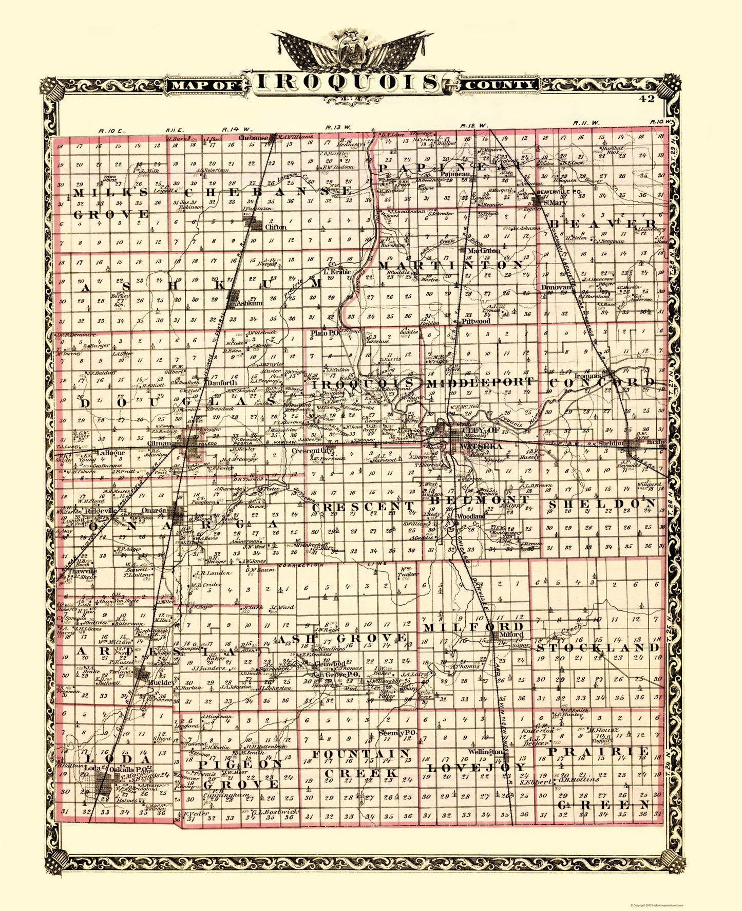 Historic County Map - Iroquois County Illinois  - Warner 1870 - 23 x 28.22 - Vintage Wall Art