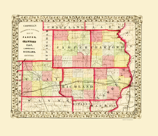 Historic County Map - Jasper Crawford Clay Lawrence Richland Counties Illinois - Campbell 1870 - 23x26 - Vintage Wall Art