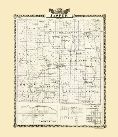 Historic County Map - Jasper County Illinois  - Warner 1876 - 23 x 26.59 - Vintage Wall Art