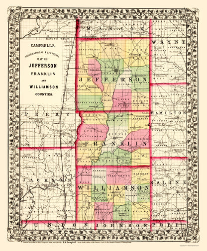 Historic County Map - Jefferson Franklin Williamson Counties Illinois - Campbell 1870 - 23 x 27.93 - Vintage Wall Art