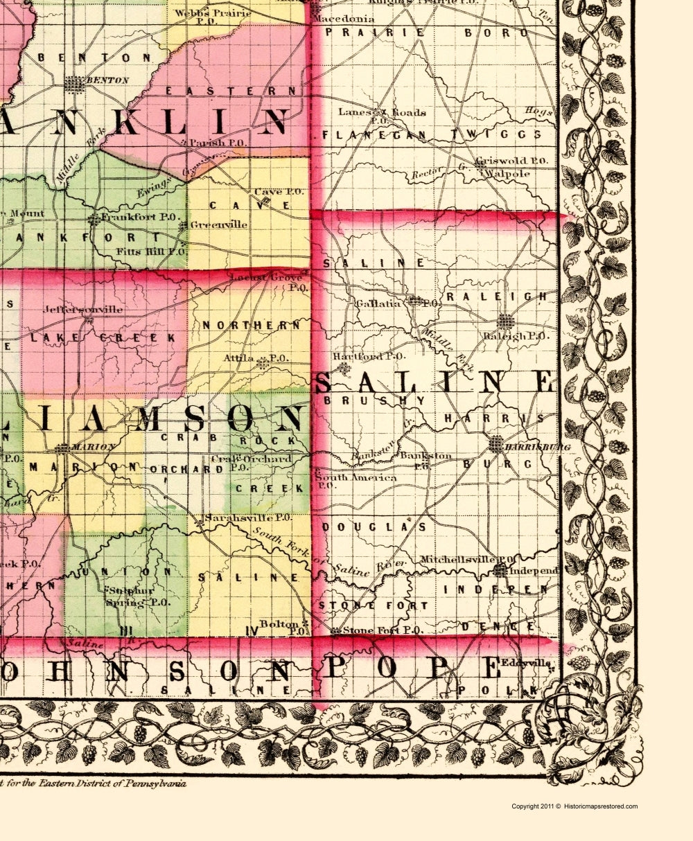 Historic County Map - Jefferson Franklin Williamson Counties Illinois - Campbell 1870 - 23 x 27.93 - Vintage Wall Art