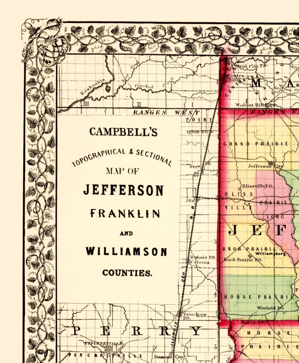 Historic County Map - Jefferson Franklin Williamson Counties Illinois - Campbell 1870 - 23 x 27.93 - Vintage Wall Art