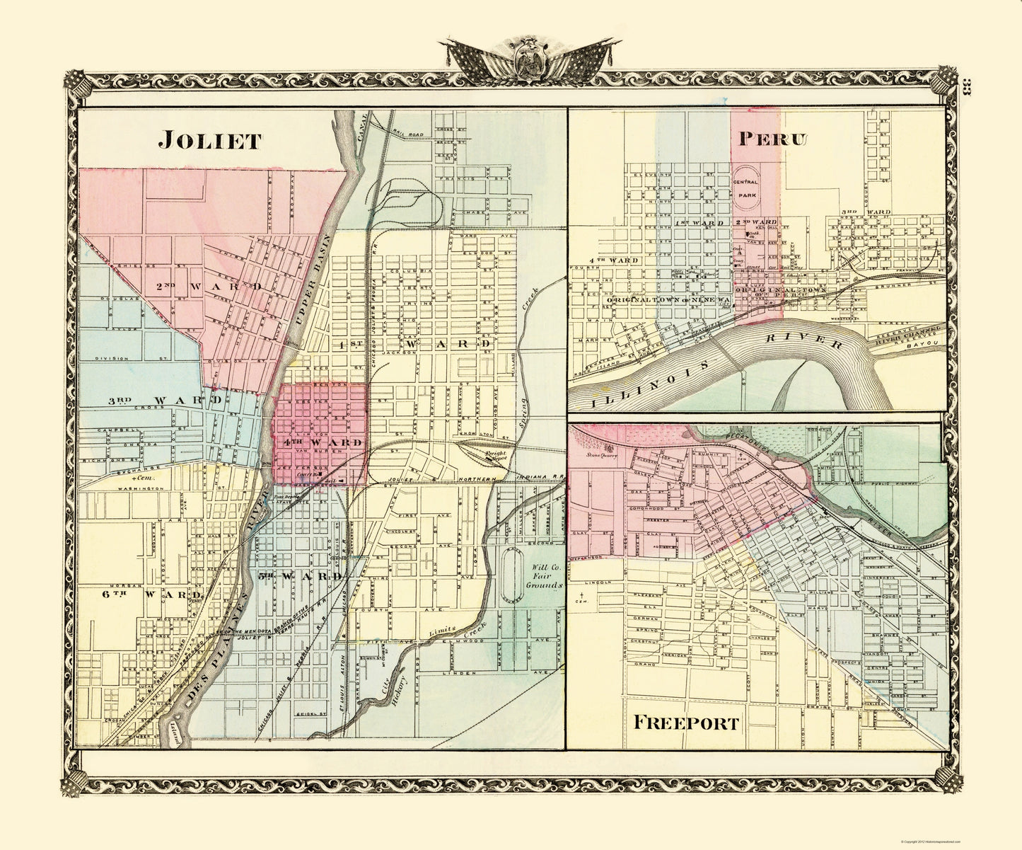 Historic City Map - Joliet Peru Freeport Illinois - Warner 1870 - 23 x 27.68 - Vintage Wall Art