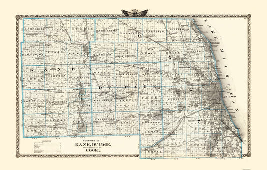 Historic County Map - Kane Du Page Cook Counties Illinois  - Warner 1876 - 23 x 36 - Vintage Wall Art