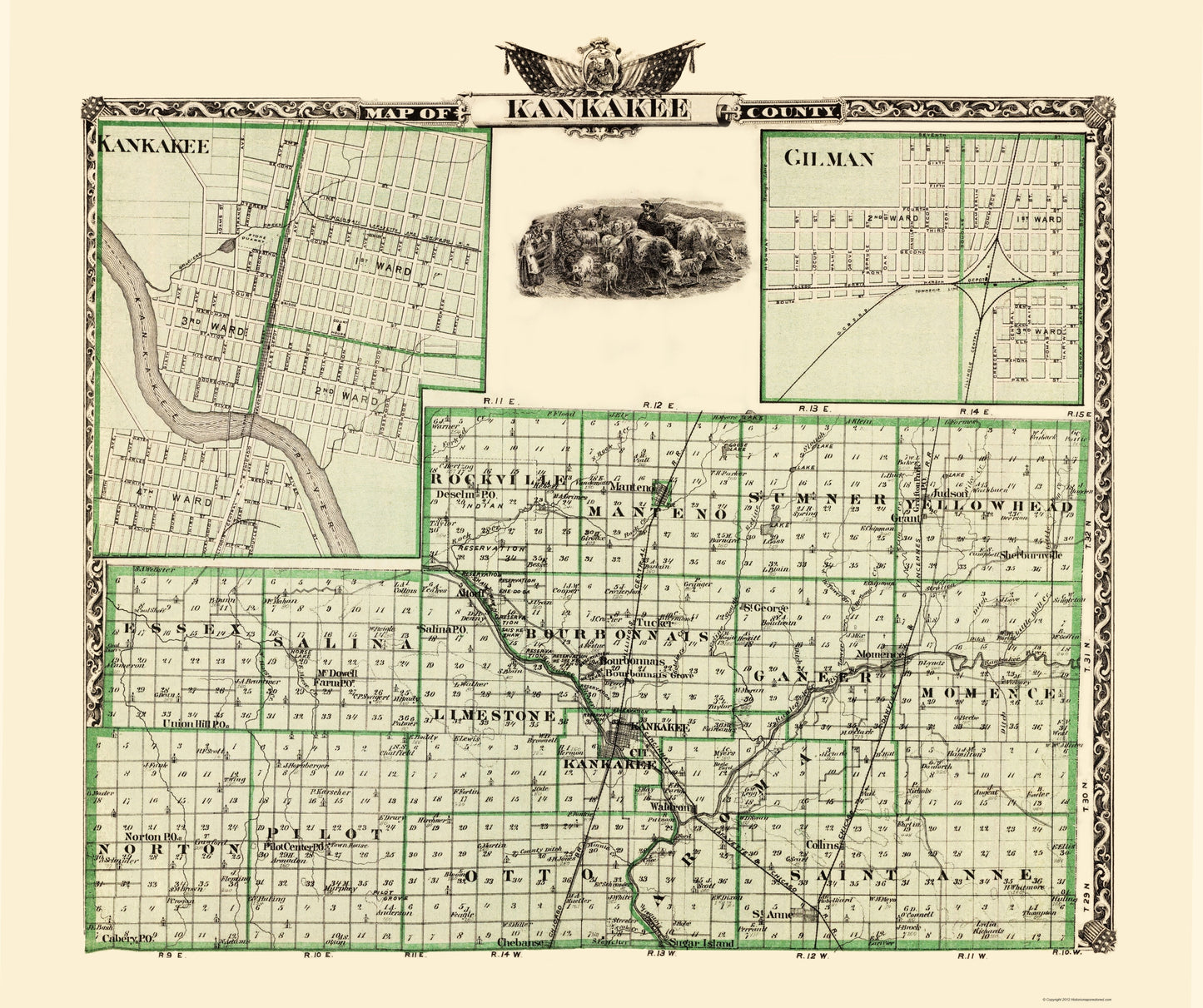 Historic County Map - Kankakee County Illinois  - Warner 1876 - 23 x 27.44 - Vintage Wall Art