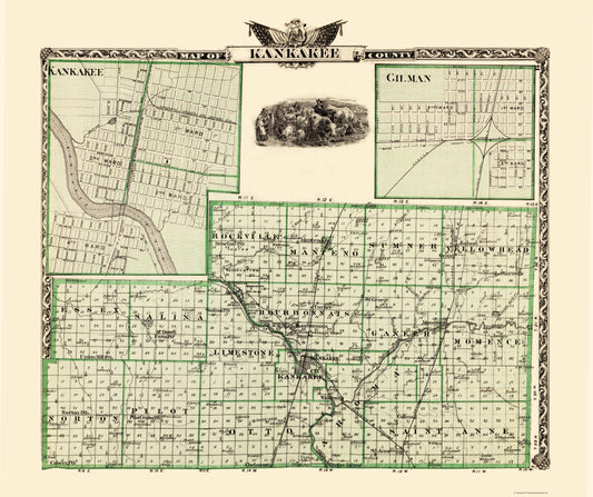 Historic County Map - Kankakee County Illinois  - Warner 1876 - 23 x 27.44 - Vintage Wall Art