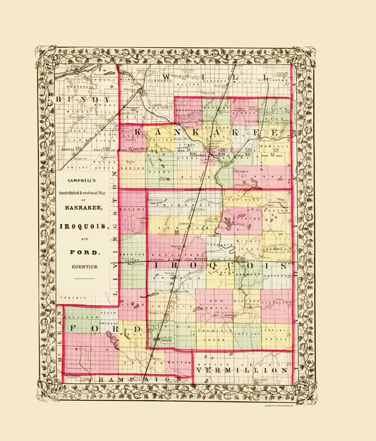 Historic County Map - Kankee Iroquois Ford Counties Illinois - Campbell 1870 - 23 x 27.00 - Vintage Wall Art