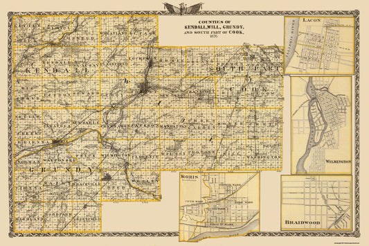 Historic County Map - Kendall Will Grundy Cook Counties Illinois  - Warner 1876 - 34x23 - Vintage Wall Art