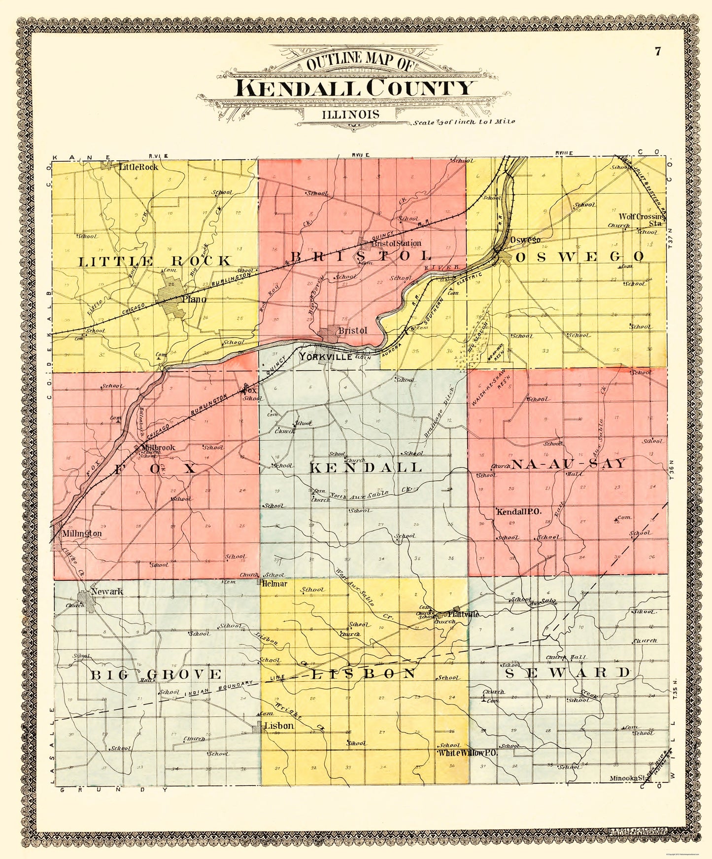 Historic County Map - Kendall County Illinois - Ogle 1903 - 23 x 27.70 - Vintage Wall Art