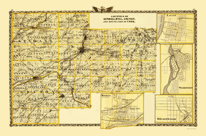 Historic County Map - Kendall Will Grundy Cook Counties Illinois  - Warner 1870 - 23 x 34 - Vintage Wall Art