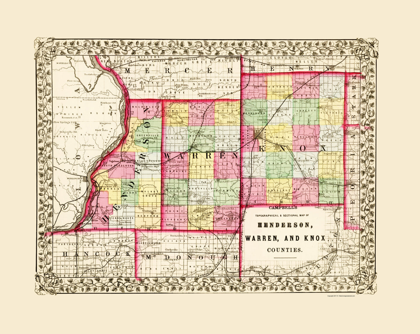 Historic County Map - Knox Warren Henderson Counties Illinois - Campbell 1870 - 23 x 28.98 - Vintage Wall Art