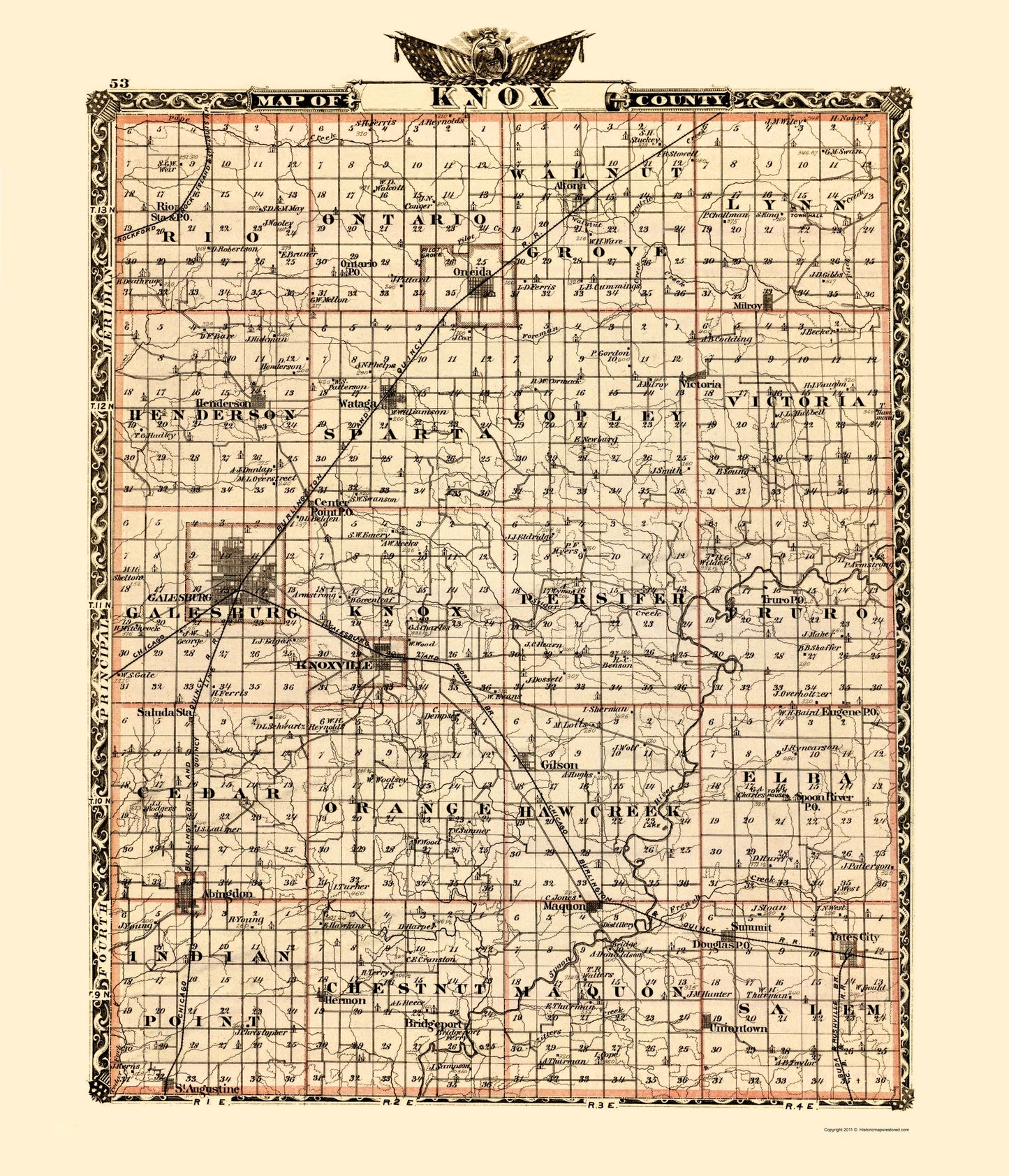 Historic County Map - Knox County Illinois  - Warner 1870 - 23 x 26.80 - Vintage Wall Art