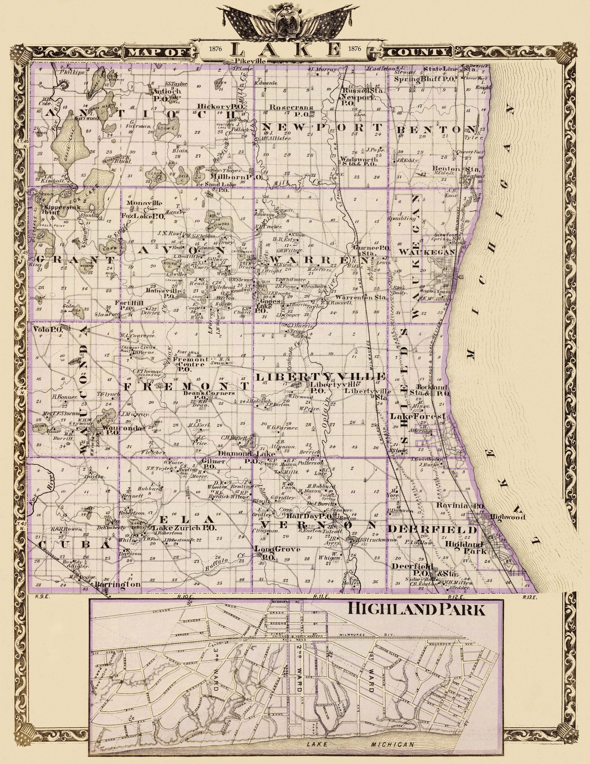 Historic County Map - Lake County Illinois - Warner 1876 - 23 x 29.81 -  Vintage Wall Art, image size:1920x2486
