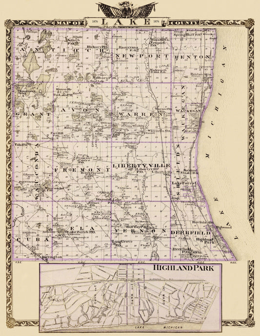 Historic County Map - Lake County Illinois  - Warner 1876 - 23 x 29.81 - Vintage Wall Art