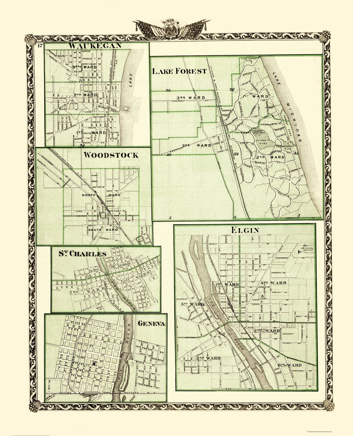 Historic City Map - Lake Forest Elgin Geneva Illinois - Warner 1870 - 23 x 28.42 - Vintage Wall Art