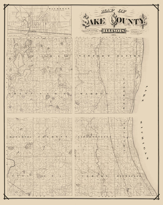 Historic County Map - Lake County Illinois - Frost 1873 - 23 x 28.96 - Vintage Wall Art