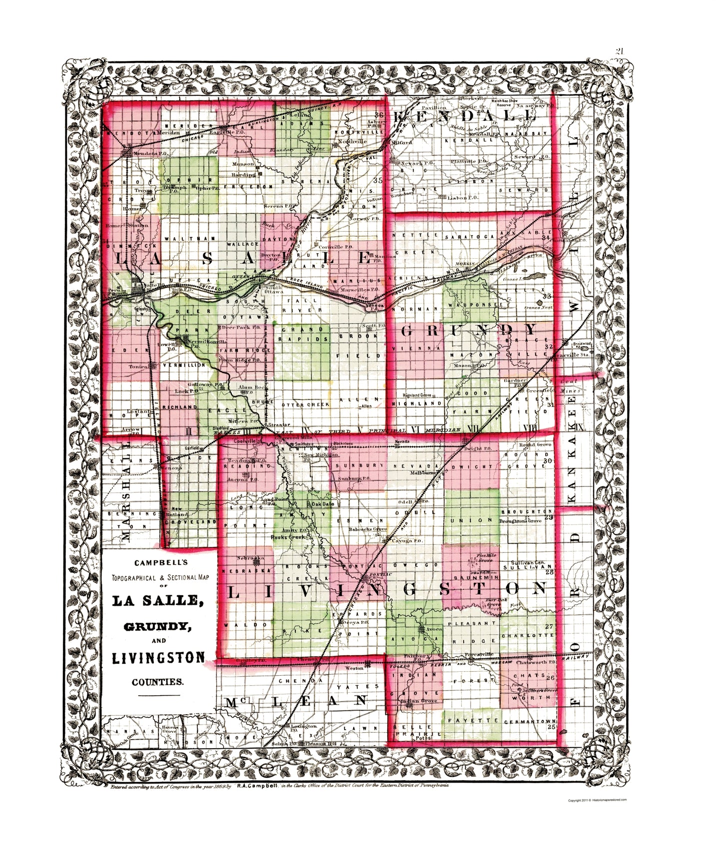 Historic County Map - LaSalle Grundy Livingston Counties Illinois - Campbell 1870 - 23 x 26.88 - Vintage Wall Art