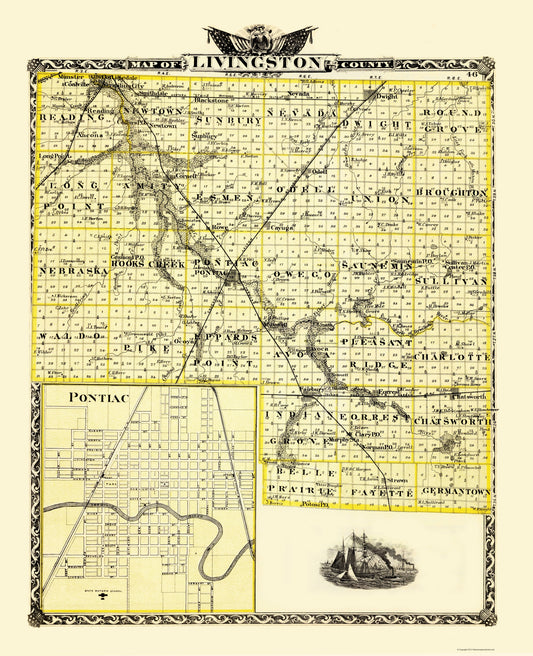 Historic County Map - Livingston County Illinois - Warner 1870 - 23 x 28.32 - Vintage Wall Art