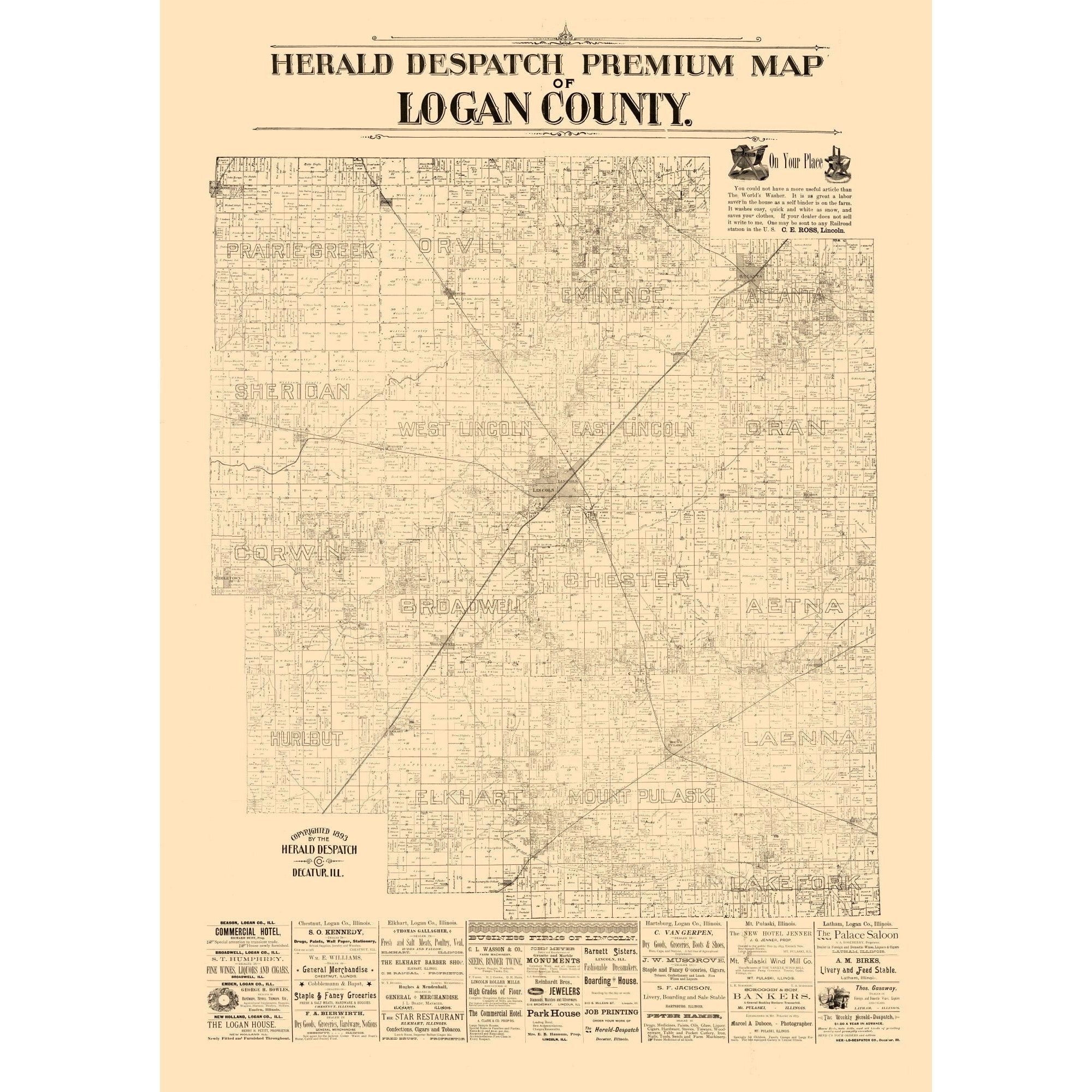 Historic County Map - Logan County Illinois - Herald Despatch 1861 - 2 ...