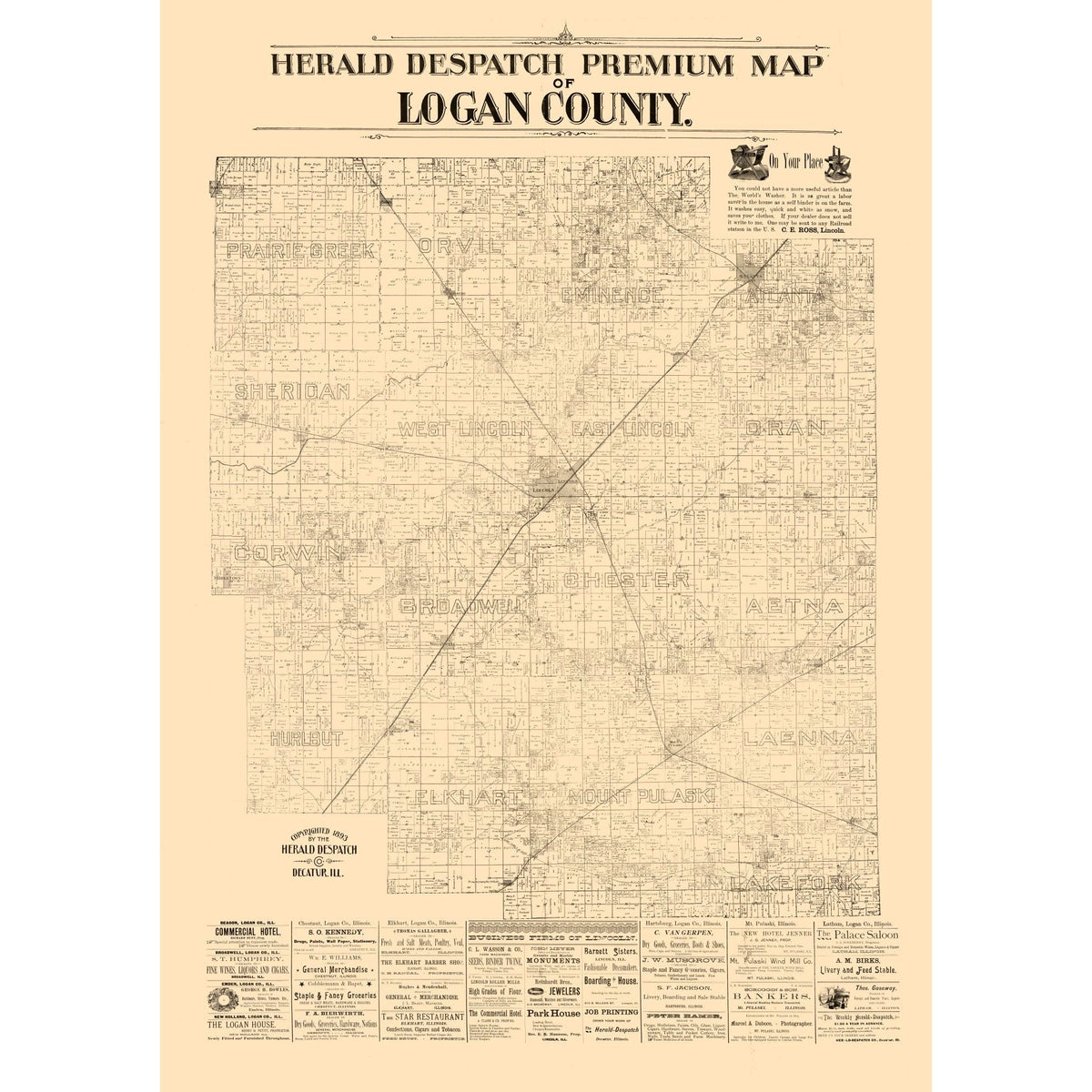 Historic County Map - Logan County Illinois - Herald Despatch 1861 - V ...