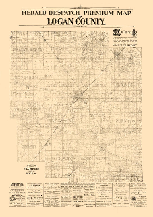 Historic County Map - Logan County Illinois - Herald Despatch 1861 - 23 x 32.52 - Vintage Wall Art