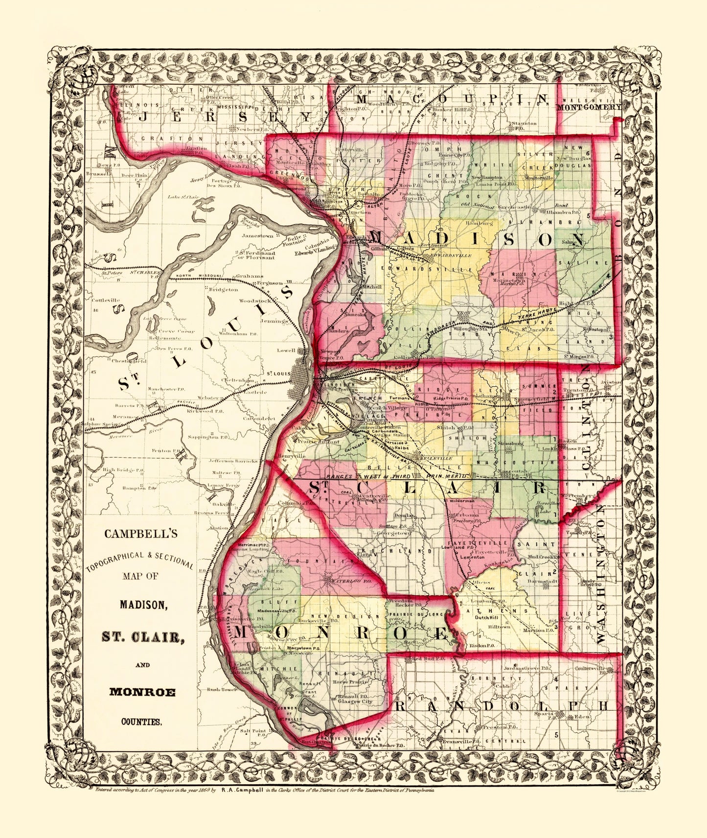 Historic County Map - Madison St Clair Monroe Counties Illinois - Campbell 1870 - 23 x 27.25 - Vintage Wall Art