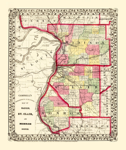 Historic County Map - Madison St Clair Monroe Counties Illinois - Campbell 1870 - 23 x 27.25 - Vintage Wall Art