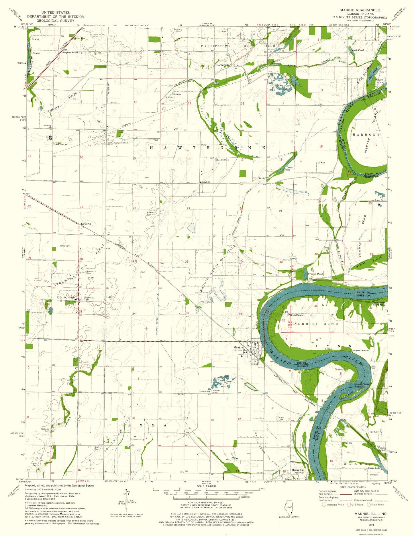 Topographical Map - Maunie Illinois Quad - USGS 1974 - 23 x 29.78 - Vintage Wall Art