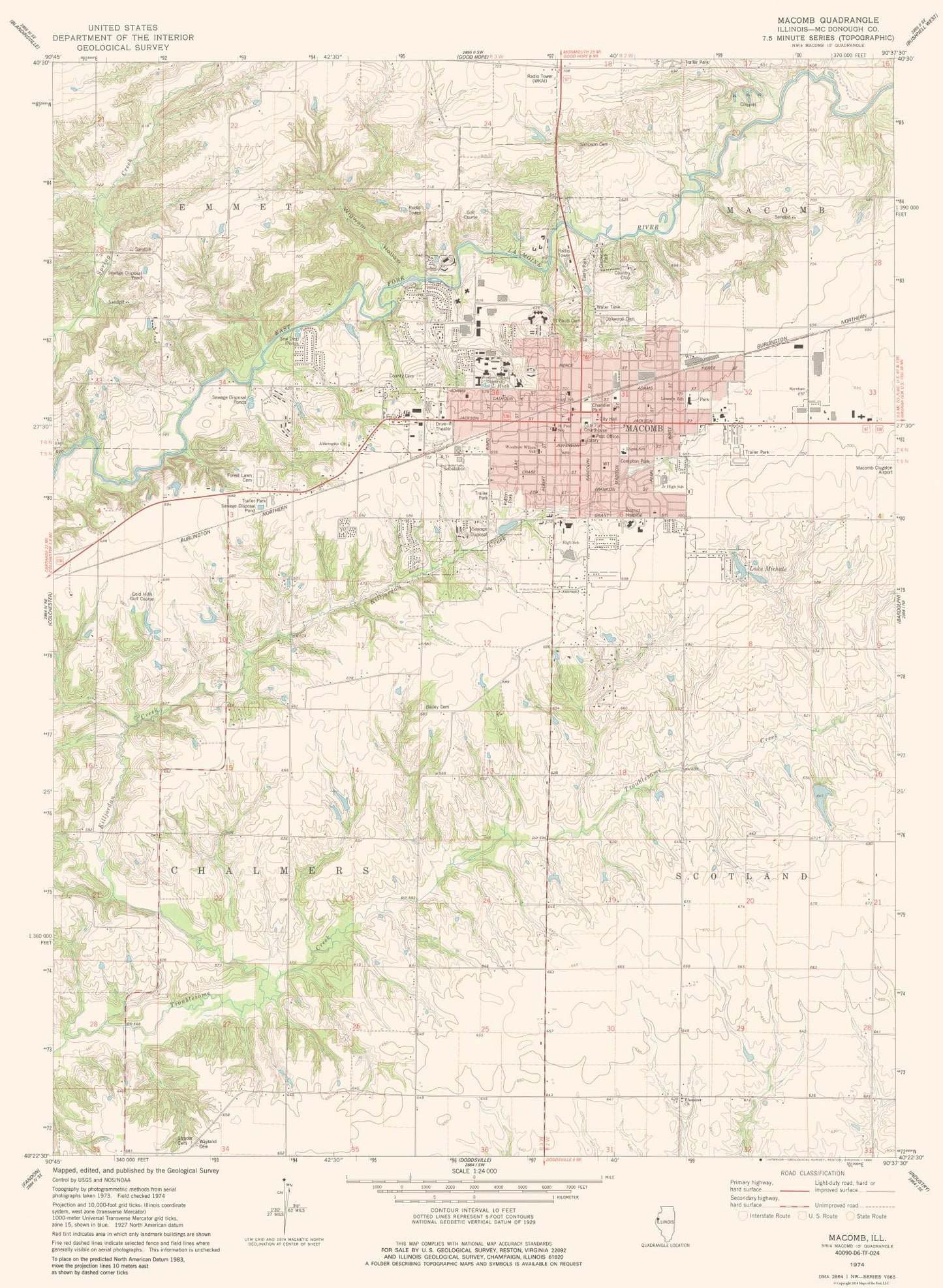 Topographical Map - Macomb Illinois Quad - USGS 1974 - 23 x 31.41 - Vintage Wall Art