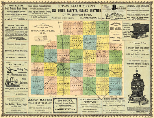 Historic County Map - Mclean Bloomington Counties Illinois - Hambaugh 1886 - 30 x 23 - Vintage Wall Art