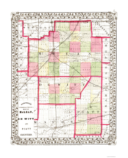 Historic County Map - Mclean Piatt DeWitt Counties Illinois - Campbell 1870 - 23 x 28.24 - Vintage Wall Art