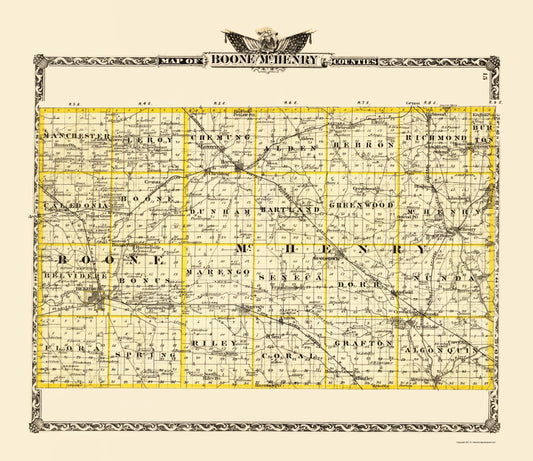 Historic County Map - Mchenry Boone Counties Illinois  - Warner 1870 - 23 x 26.61 - Vintage Wall Art