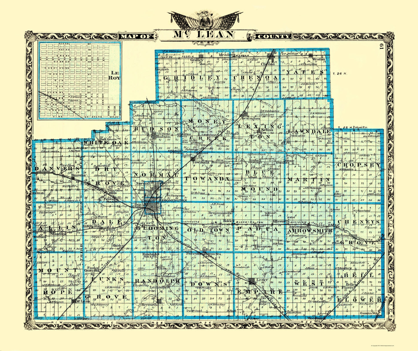 Historic County Map - Mclean County Illinois  - Warner 1870 - 23 x 27.41 - Vintage Wall Art