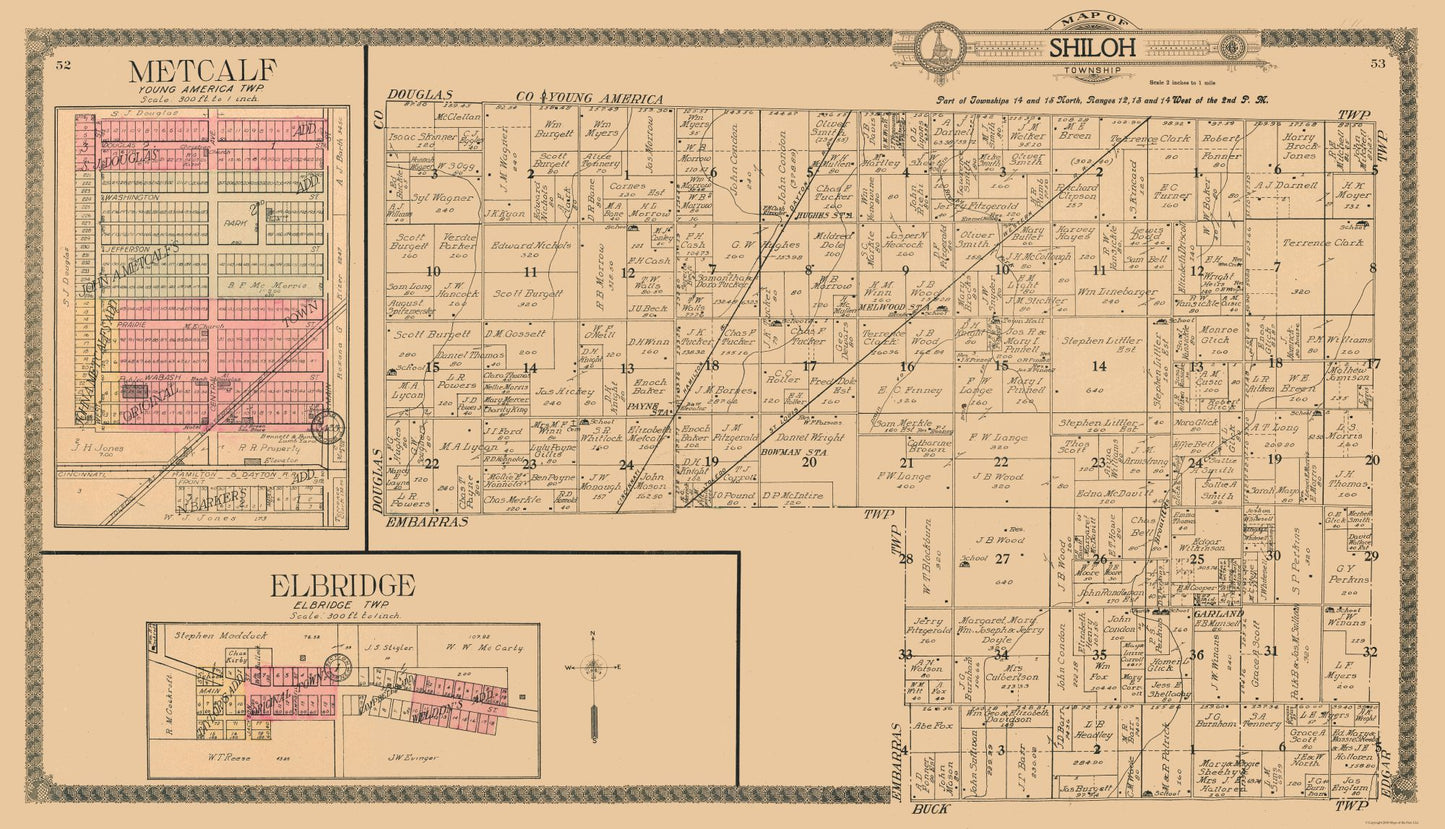 Historic City Map - Metcalf Elbridge Shiloh Illinois - Ogle 1910 - 40.08 x 23 - Vintage Wall Art