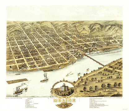 Historic Panoramic View - Moline Illinois - Ruger 1869 - 23 x 26.76 - Vintage Wall Art