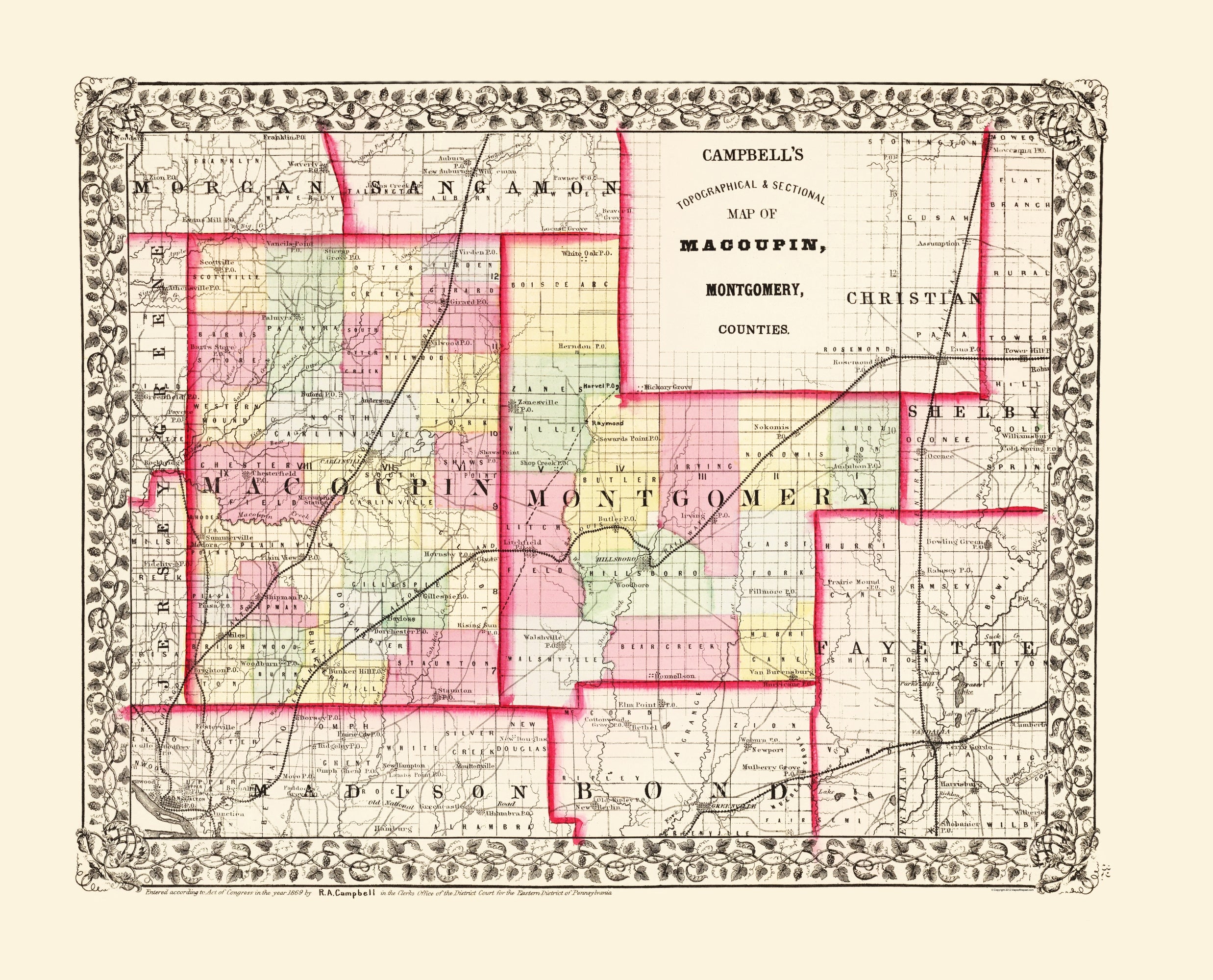 Historic County Map - Montgomery Macoupin Counties Illinois - Campbell ...