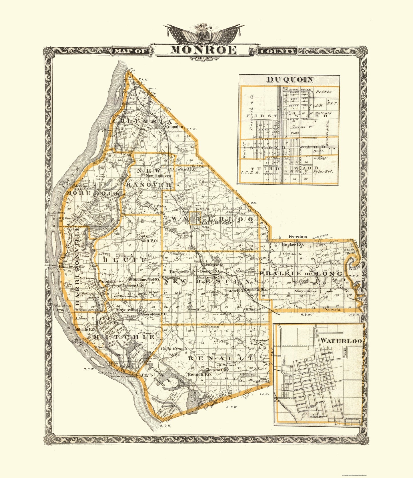 Historic County Map - Monroe County Illinois  - Warner 1876 - 23 x 26.59 - Vintage Wall Art