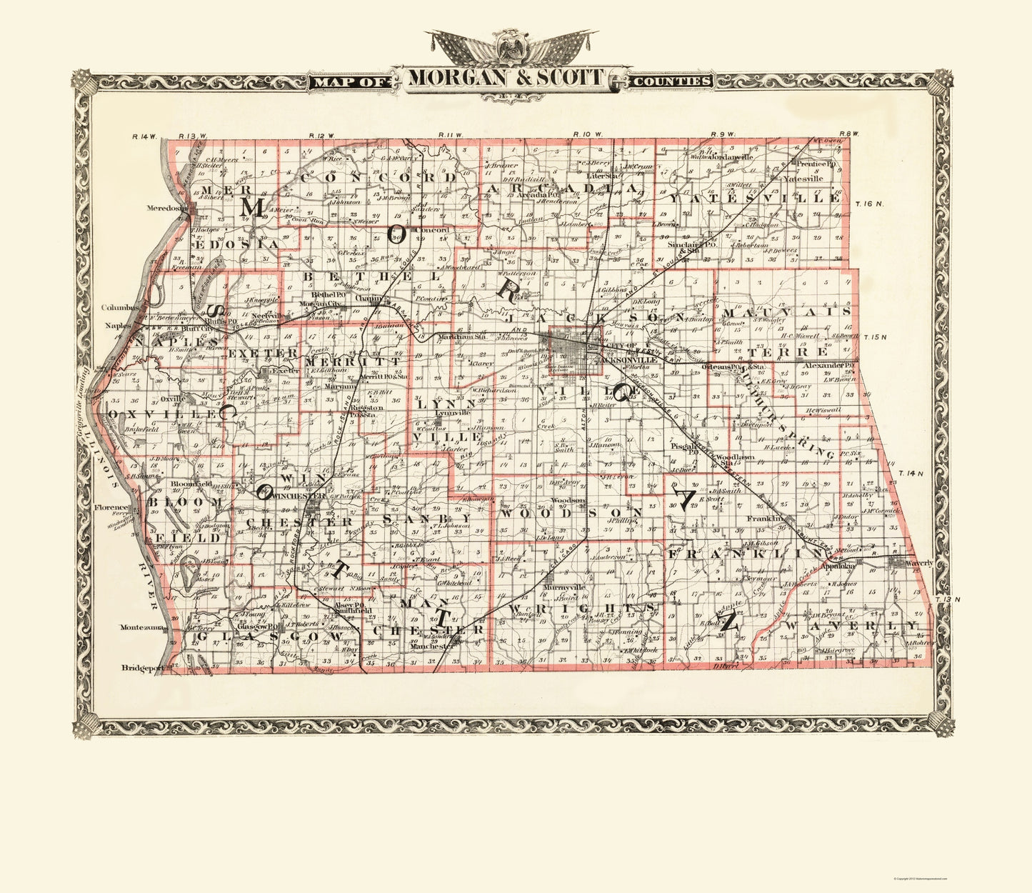 Historic County Map - Morgan Scott Counties Illinois  - Warner 1876 - 23 x 26.59 - Vintage Wall Art