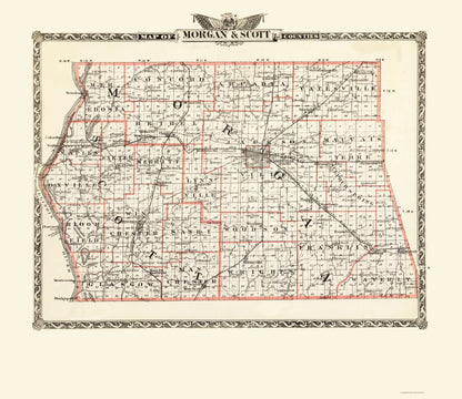 Historic County Map - Morgan Scott Counties Illinois  - Warner 1876 - 23 x 26.59 - Vintage Wall Art