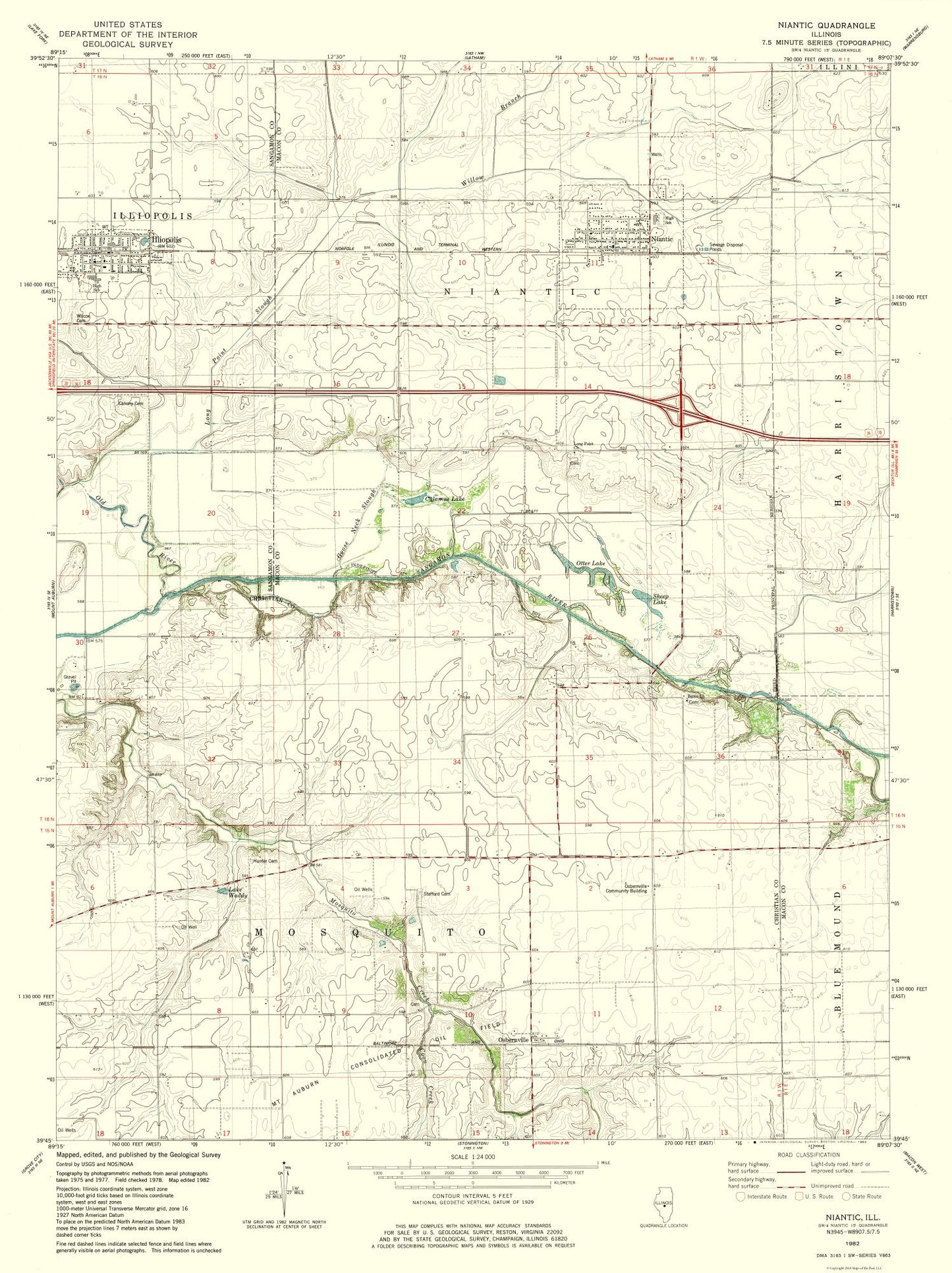 Topographical Map - Niantic Illinois Quad - USGS 1982 - 23 x 30.73 - Vintage Wall Art