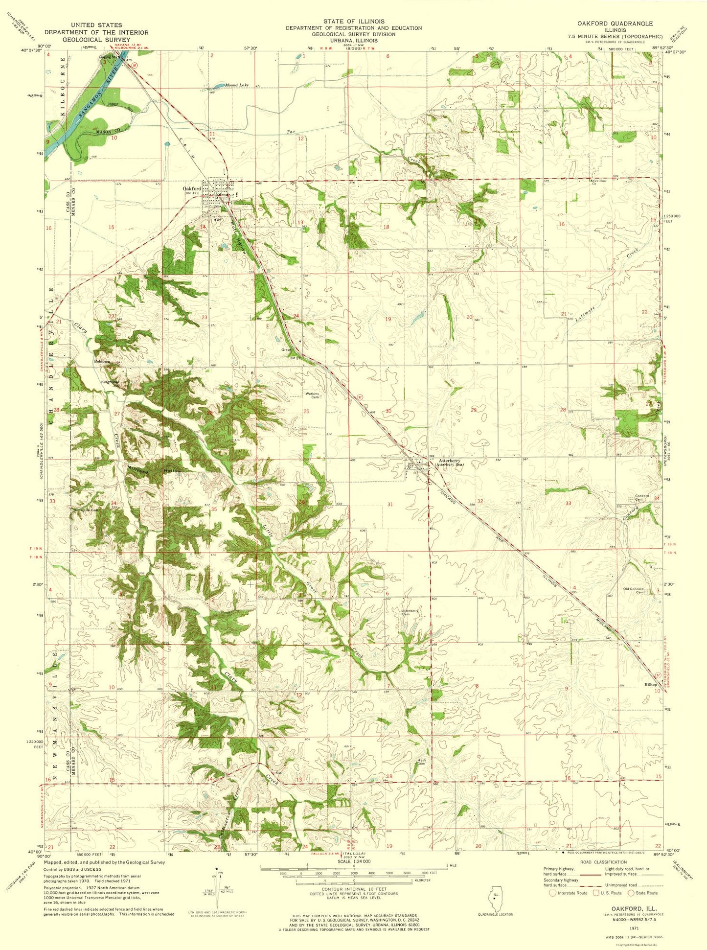 Topographical Map - Oakford Illinois Quad - USGS 1971 - 23 x 30.89 - Vintage Wall Art