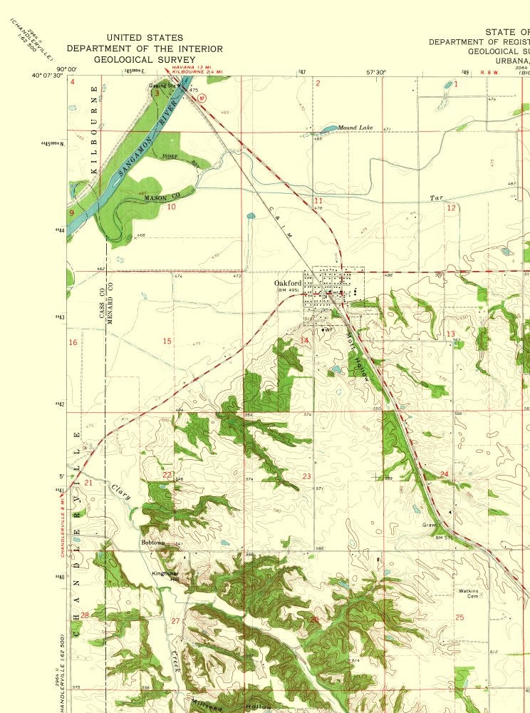 Topographical Map - Oakford Illinois Quad - USGS 1971 - 23 x 30.89 - Vintage Wall Art